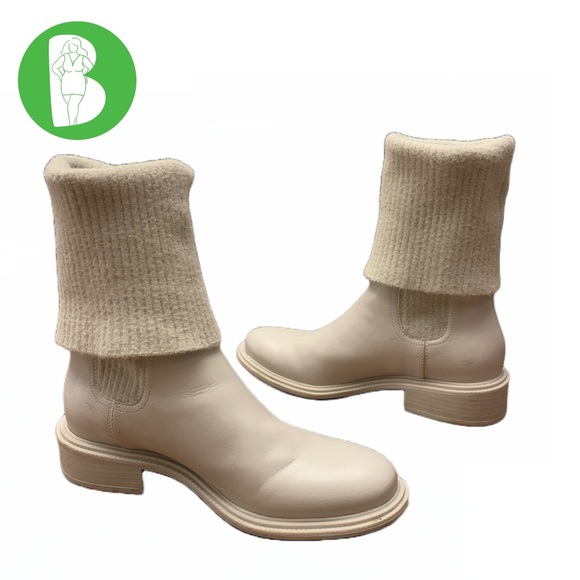 CHARLES & KEITH GRAY LEATHER BLOCK HEEL MOTO BOOTS WITH SOCK STYLE LEG (36) - Picture 1 of 13